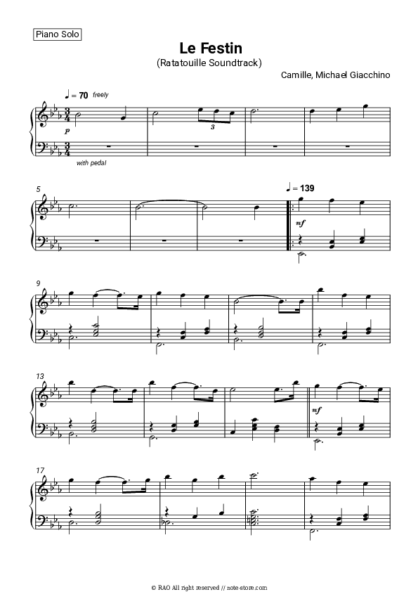 Le Festin (Ratatouille Soundtrack) - Camille, Michael Giacchino Piano Sheet Music - Piano.Solo