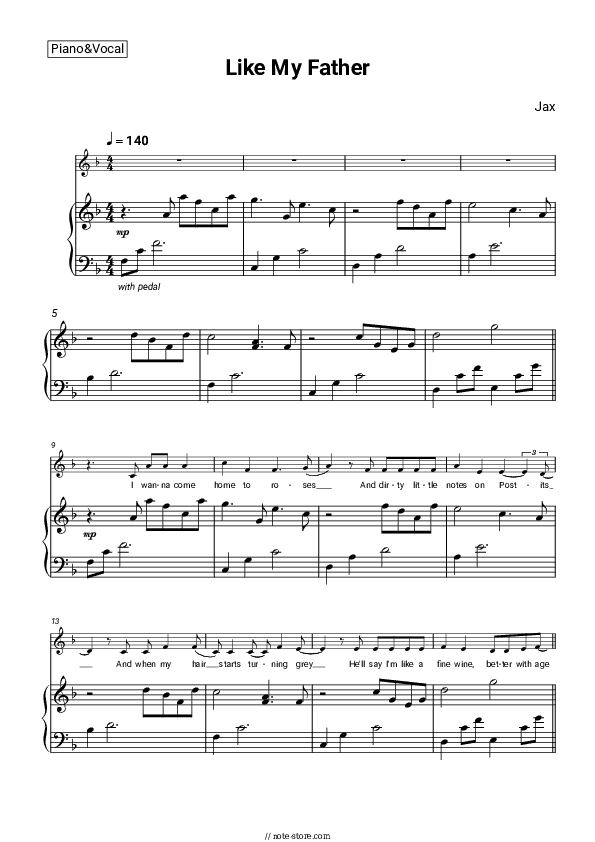 Like My Father - Jax Piano Sheet Music with the Voice part - Piano&Vocal