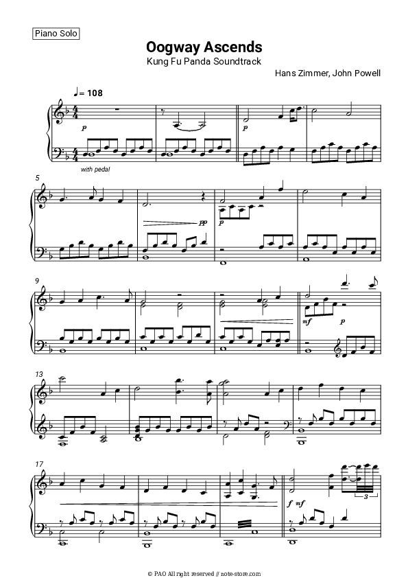 Oogway Ascends (Kung Fu Panda Soundtrack) - Hans Zimmer, John Powell Piano Sheet Music - Piano.Solo