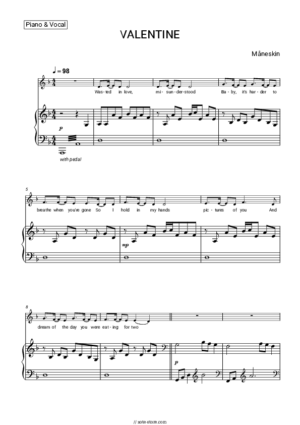 VALENTINE - Måneskin Piano Sheet Music with the Voice part - Piano&Vocal