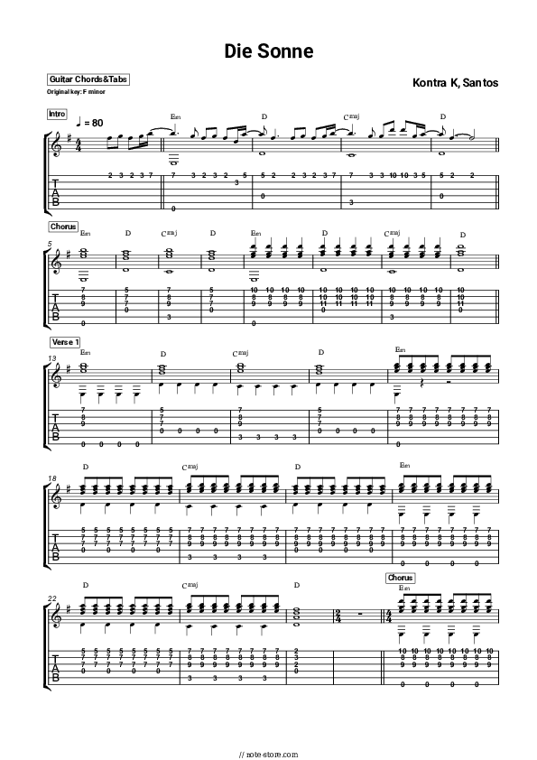 Die Sonne - Kontra K, Santos Chords and Tabs - Guitar.Chords&Tabs