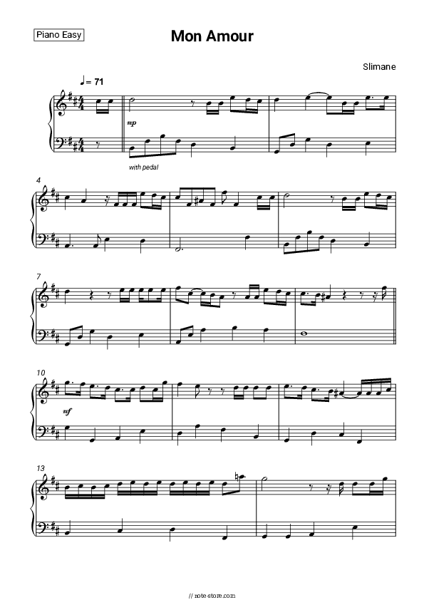 Mon Amour - Slimane Piano Sheet Music Easy - Piano.Easy