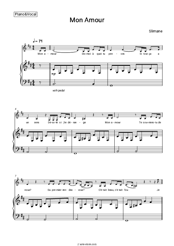 Mon Amour - Slimane Piano Sheet Music with the Voice part - Piano&Vocal