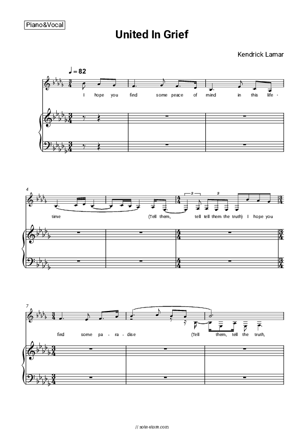 United In Grief - Kendrick Lamar Piano Sheet Music with the Voice part - Piano&Vocal