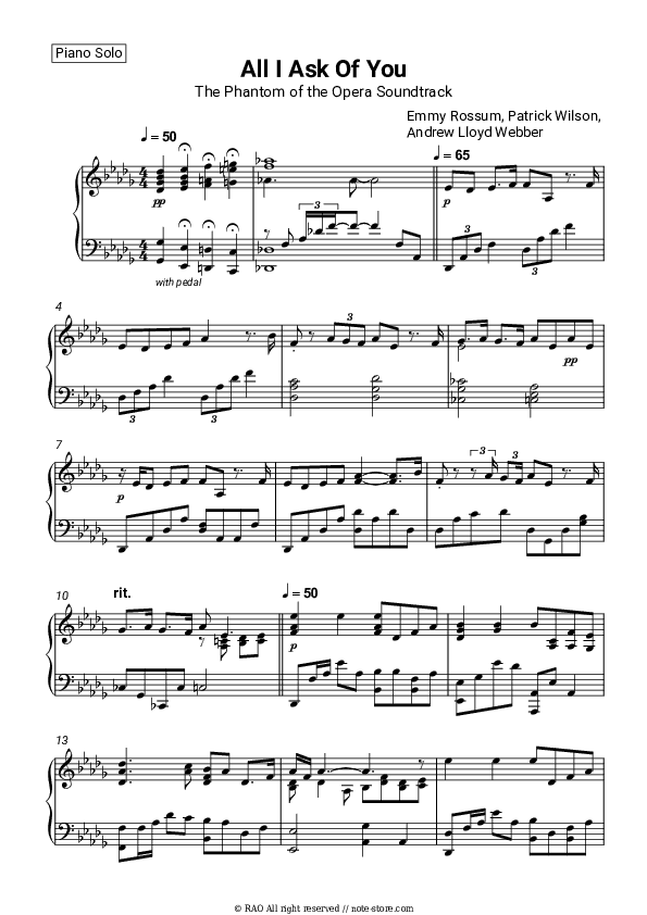 All I Ask Of You (The Phantom of the Opera Soundtrack) - Emmy Rossum, Patrick Wilson, Andrew Lloyd Webber Piano Sheet Music - Piano.Solo