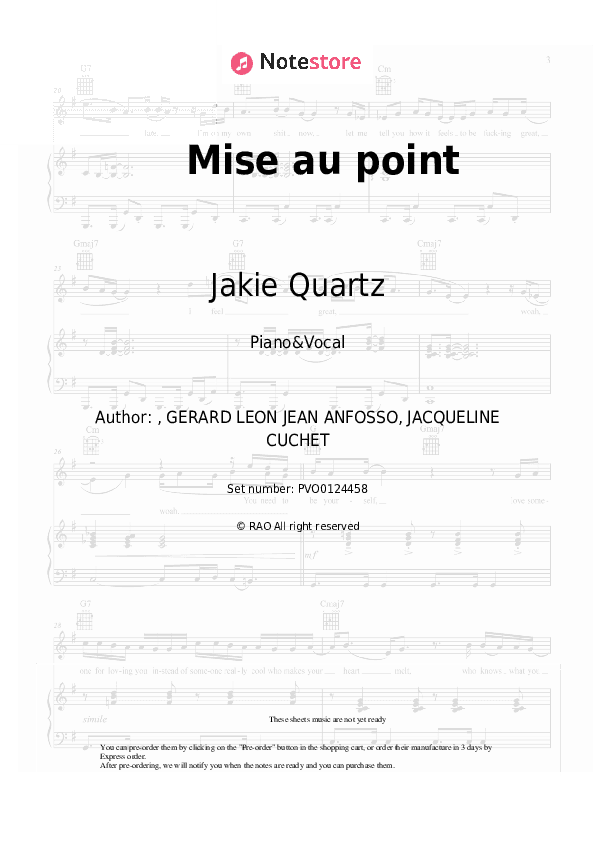 Mise au point - Jakie Quartz Piano Sheet Music with the Voice part - Piano&Vocal
