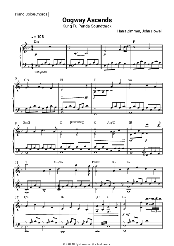 Oogway Ascends (Kung Fu Panda Soundtrack) - Hans Zimmer, John Powell Piano Sheet Music and Chords - Piano.Solo&Chords