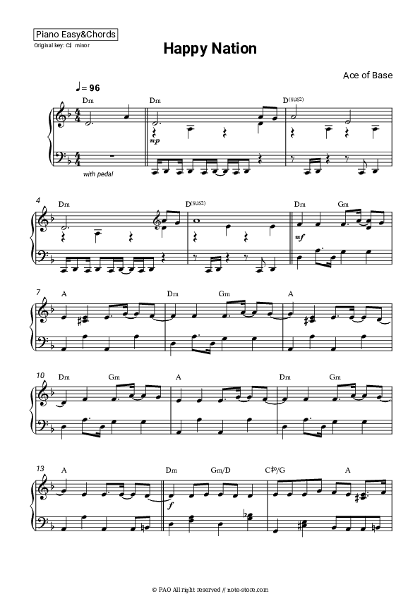 Happy Nation - Ace of Base Sheet Music Easy and Chords - Piano.Easy&Chords