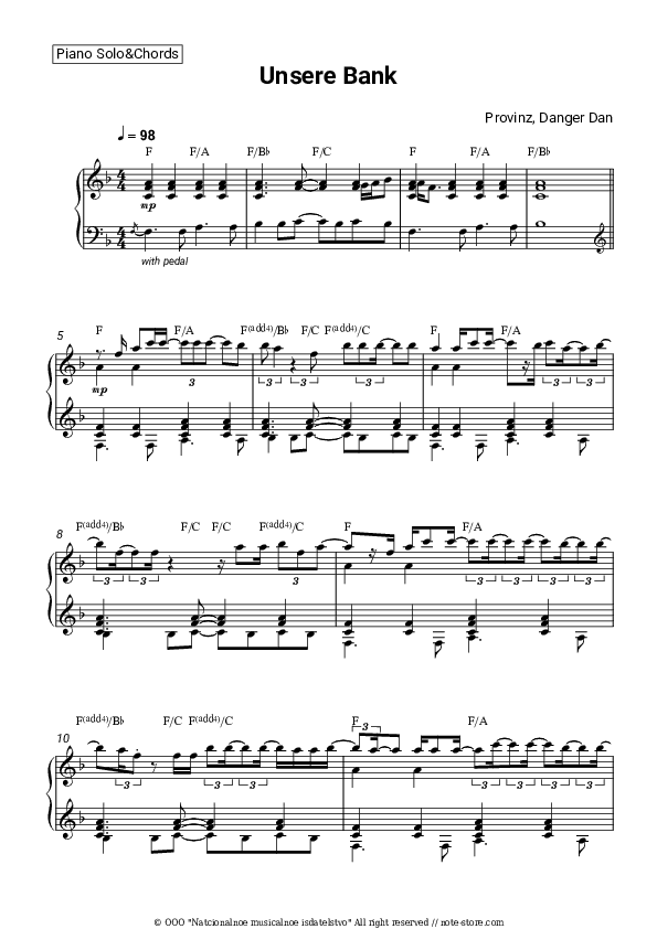 Unsere Bank - Provinz, Danger Dan Piano Sheet Music and Chords - Piano.Solo&Chords