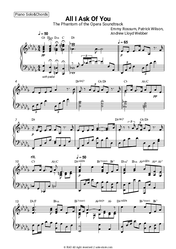 All I Ask Of You (The Phantom of the Opera Soundtrack) - Emmy Rossum, Patrick Wilson, Andrew Lloyd Webber Piano Sheet Music and Chords - Piano.Solo&Chords