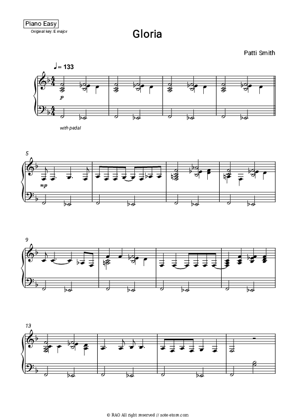 Gloria - Patti Smith Piano Sheet Music Easy - Piano.Easy