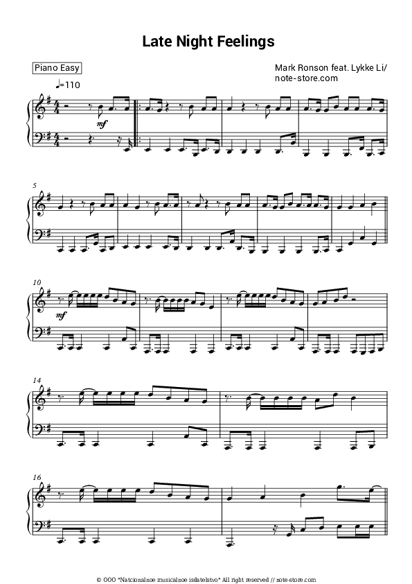 Late Night Feelings - Mark Ronson, Lykke Li Piano Sheet Music Easy - Piano.Easy