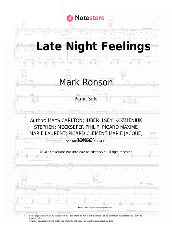 Late Night Feelings - Mark Ronson, Lykke Li Piano Sheet Music - Piano.Solo