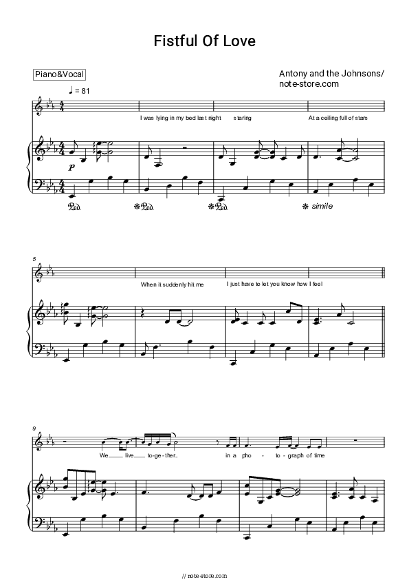 Fistful of Love - Antony and the Johnsons Piano Sheet Music with the Voice part - Piano&Vocal