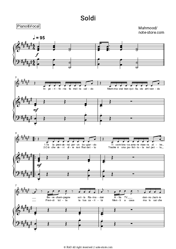 Soldi - Mahmood Piano Sheet Music with the Voice part - Piano&Vocal