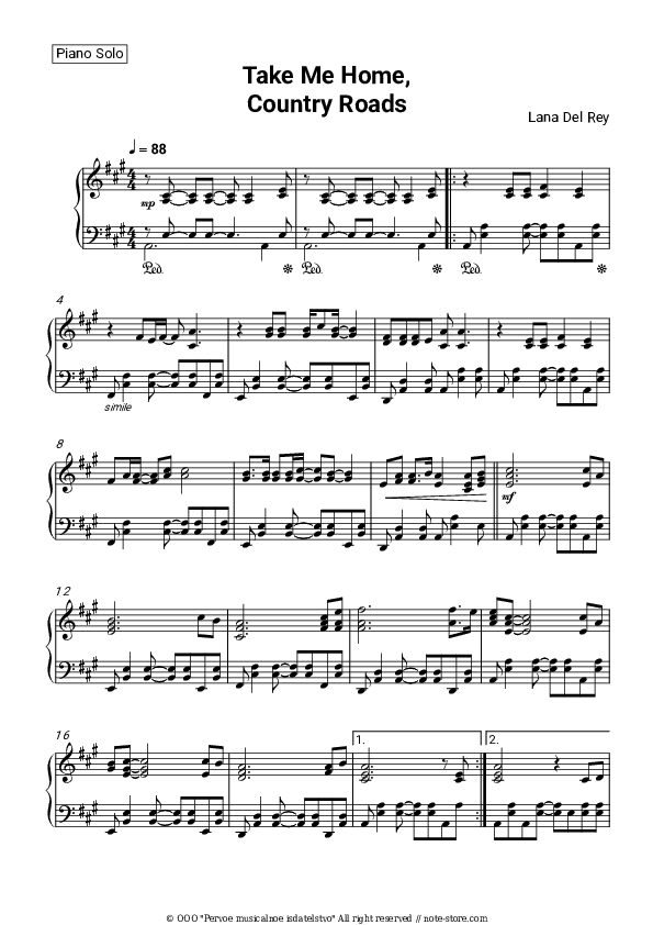 Take Me Home, Country Roads - Lana Del Rey Piano Sheet Music - Piano.Solo