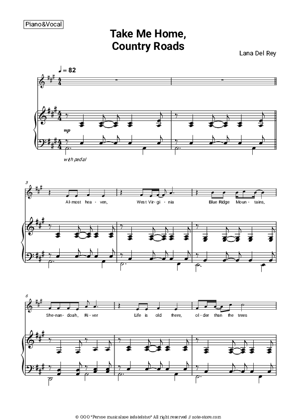 Take Me Home, Country Roads - Lana Del Rey Piano Sheet Music with the Voice part - Piano&Vocal