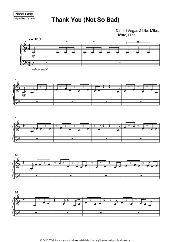 Thank You (Not So Bad) - Dimitri Vegas & Like Mike, Tiësto, Dido Piano Sheet Music Easy - Piano.Easy