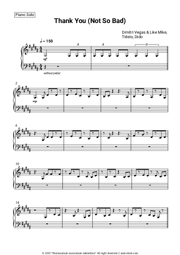 Thank You (Not So Bad) - Dimitri Vegas & Like Mike, Tiësto, Dido Piano Sheet Music - Piano.Solo
