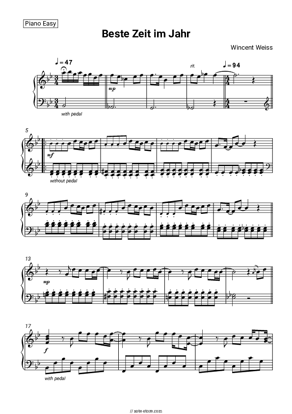Beste Zeit im Jahr - Wincent Weiss Piano Sheet Music Easy - Piano.Easy