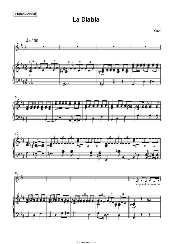 La Diabla - Xavi Piano Sheet Music with the Voice part - Piano&Vocal