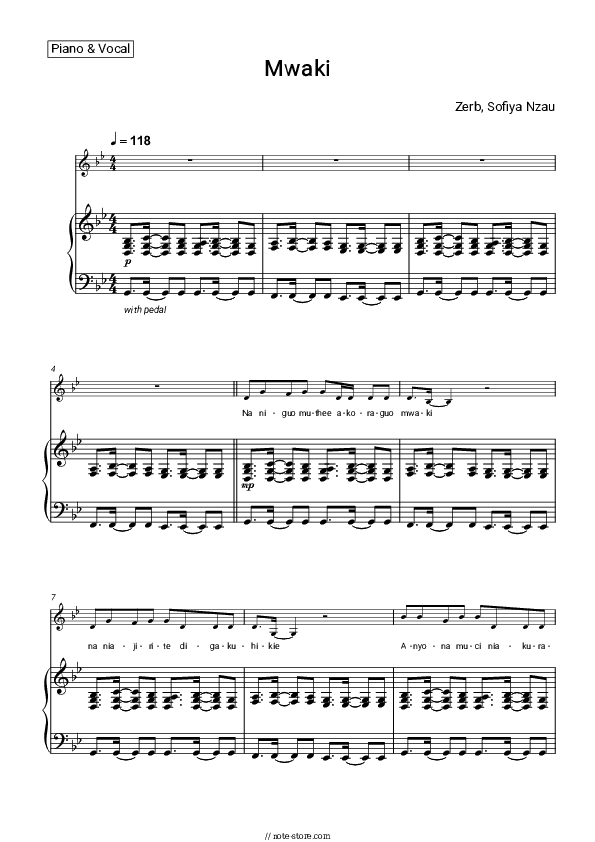 Mwaki - Zerb, Sofiya Nzau Piano Sheet Music with the Voice part - Piano&Vocal