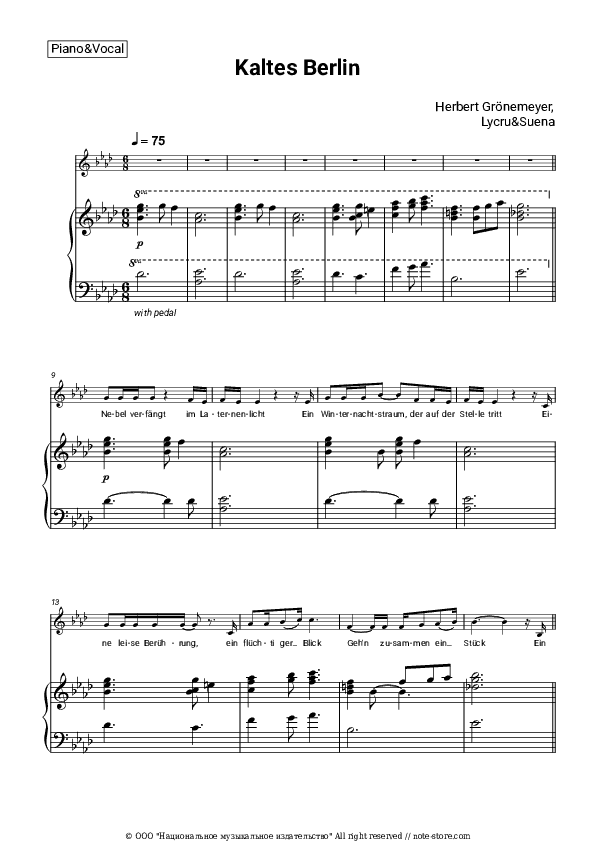 Kaltes Berlin - Herbert Grönemeyer, Lucry, Suena Piano Sheet Music with the Voice part - Piano&Vocal