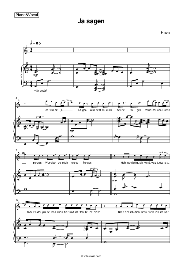 Ja sagen - Hava Piano Sheet Music with the Voice part - Piano&Vocal