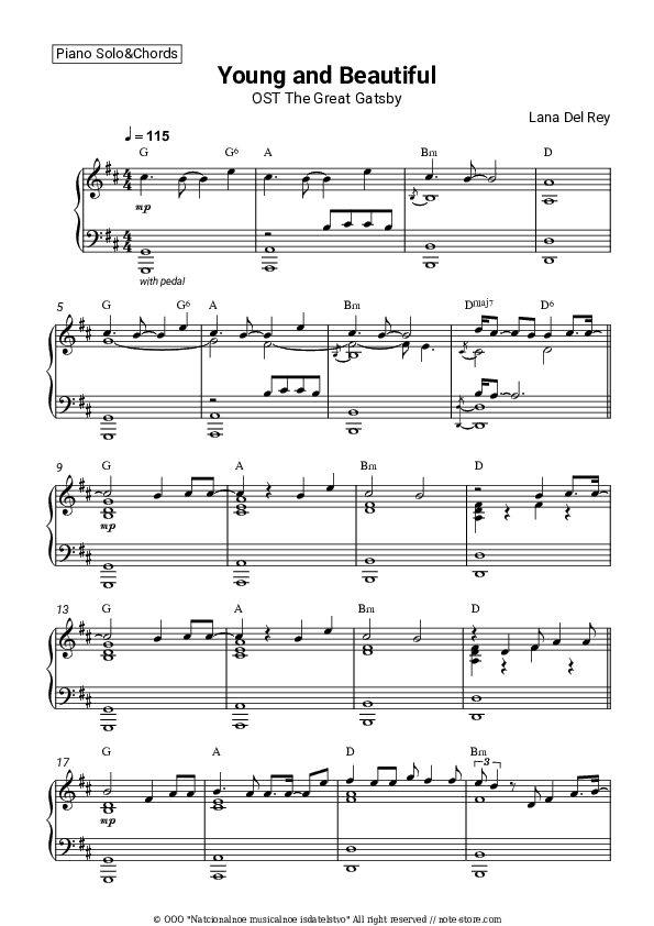 Young and Beautiful (OST The Great Gatsby) - Lana Del Rey Piano Sheet Music and Chords - Piano.Solo&Chords