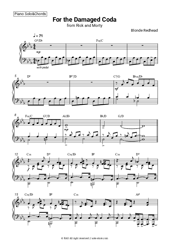 For the Damaged Coda (from 'Rick and Morty') - Blonde Redhead Piano Sheet Music and Chords - Piano.Solo&Chords