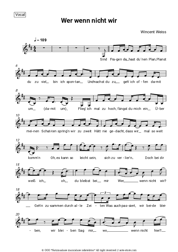 Wer wenn nicht wir - Wincent Weiss Vocal Sheet Music - Vocal