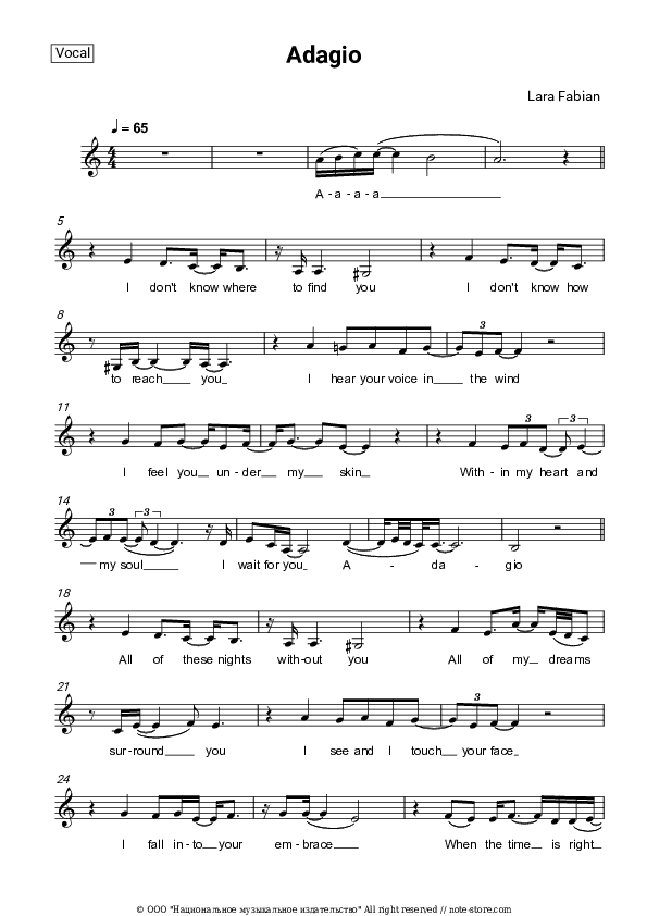 Adagio - Lara Fabian Vocal Sheet Music - Vocal