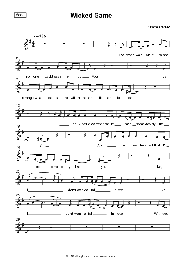 Wicked Game - Grace Carter Vocal Sheet Music - Vocal