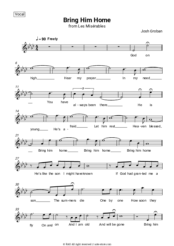 Bring him home (Les Misérables) - Josh Groban, Claude-Michel Schonberg Vocal Sheet Music - Vocal