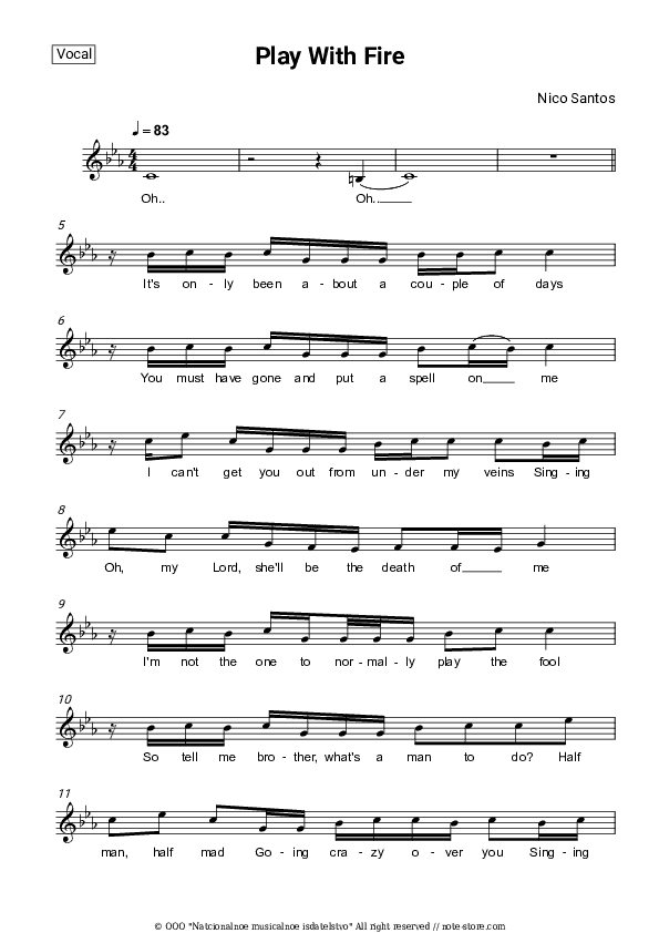 Play With Fire - Nico Santos Vocal Sheet Music - Vocal