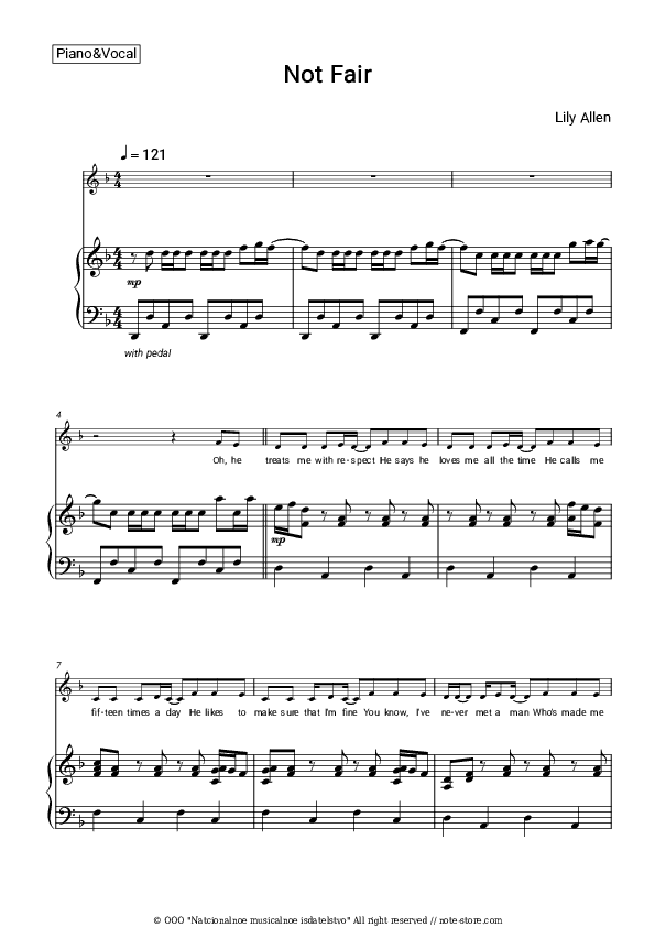 Not Fair - Lily Allen Piano Sheet Music with the Voice part - Piano&Vocal