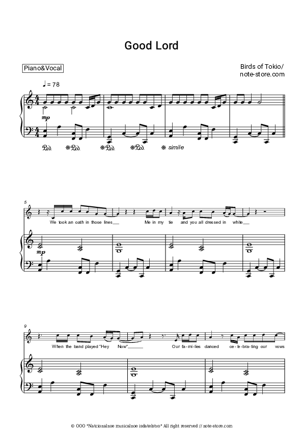 Good Lord - Birds of Tokyo Piano Sheet Music with the Voice part - Piano&Vocal