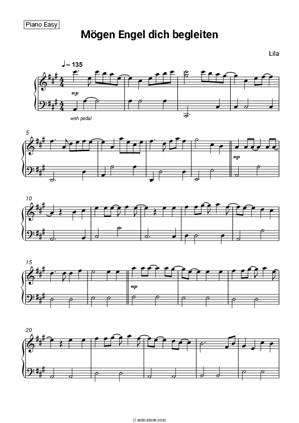 Mögen Engel dich begleiten - Lila Piano Sheet Music Easy - Piano.Easy