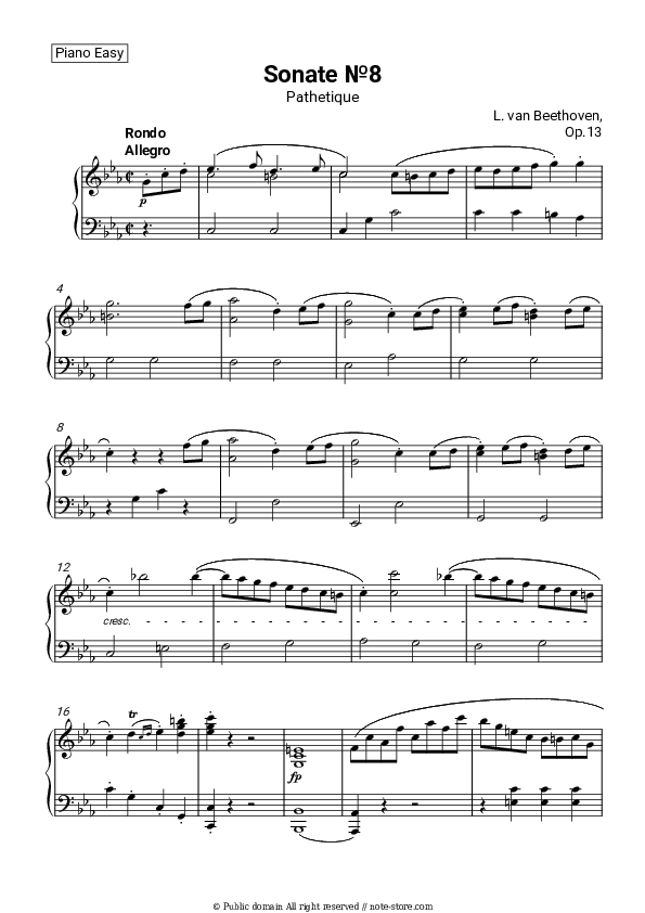 Piano Sonata No. 8 Op. 13 (Pathétique) III. Rondo. Allegro - Ludwig van Beethoven Piano Sheet Music Easy - Piano.Easy