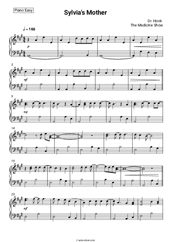 Sylvia's Mother - Dr. Hook Piano Sheet Music Easy - Piano.Easy