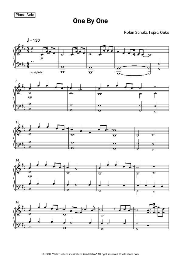 One By One - Robin Schulz, Topic, Oaks Piano Sheet Music - Piano.Solo