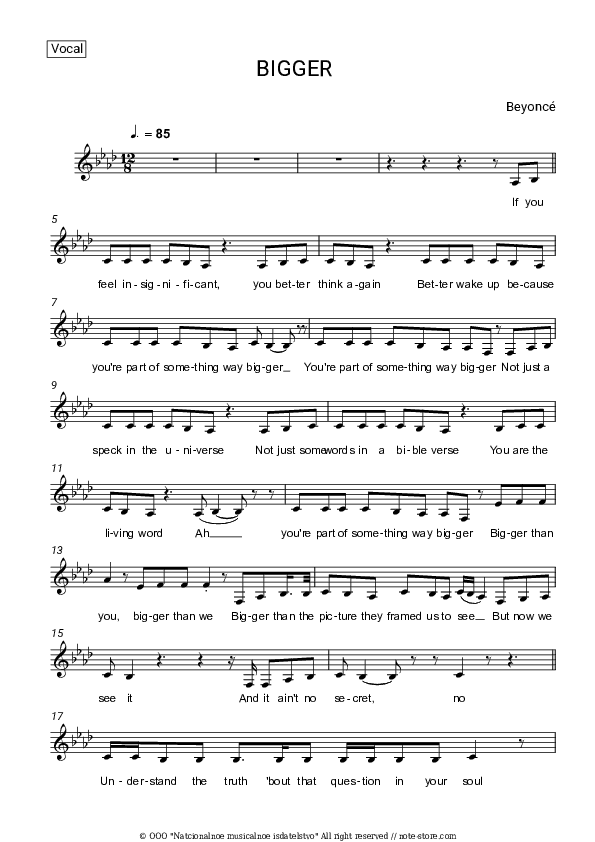 BIGGER - Beyonce Vocal Sheet Music - Vocal