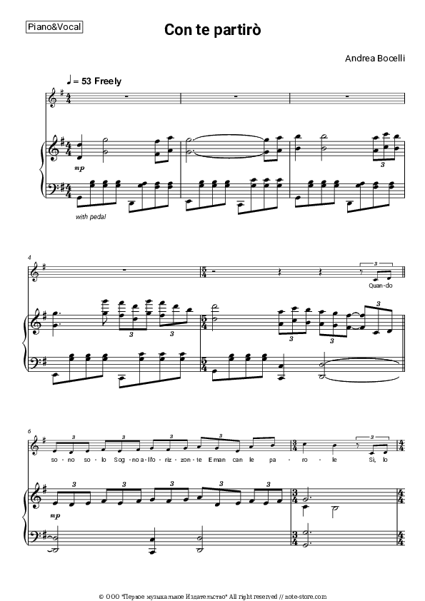 Con te partirò - Andrea Bocelli Piano Sheet Music with the Voice part - Piano&Vocal