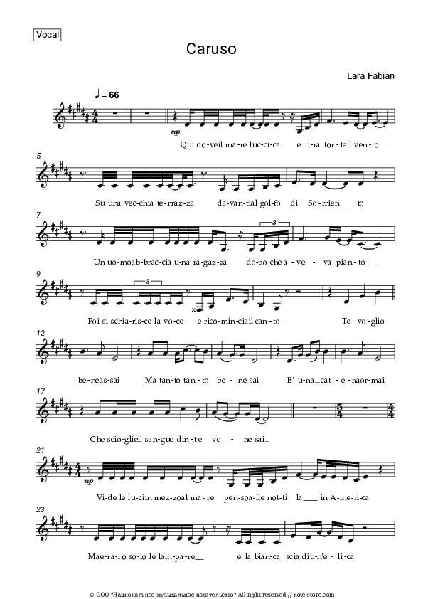 Caruso - Lara Fabian Vocal Sheet Music - Vocal