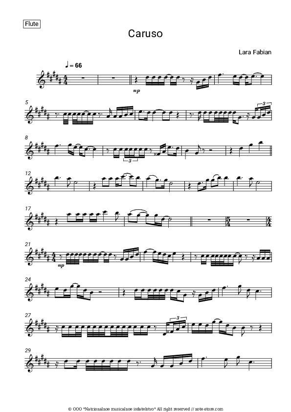 Caruso - Lara Fabian Flute Sheet Music - Flute