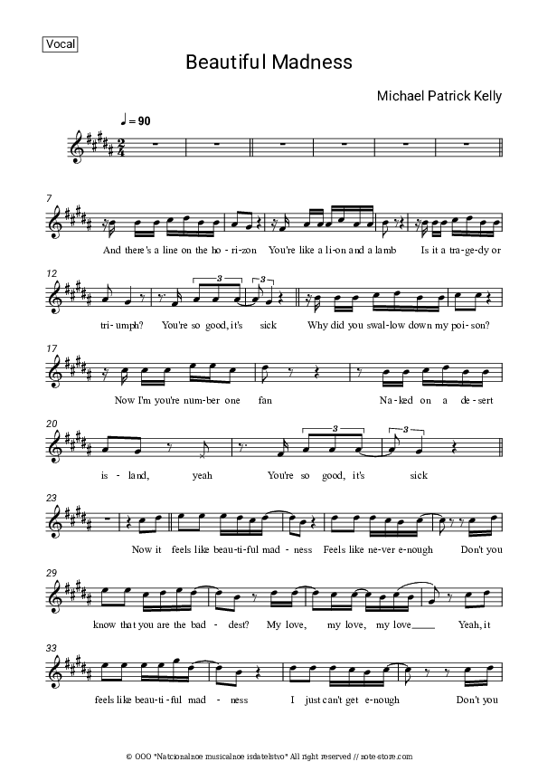 Beautiful Madness - Michael Patrick Kelly Vocal Sheet Music - Vocal