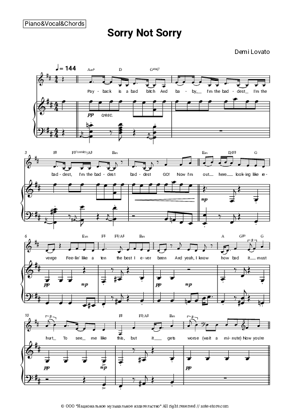 Sorry Not Sorry - Demi Lovato Piano Sheet Music with the Vocal and Chords - Piano&Vocal&Chords