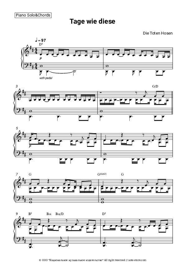 Tage wie diese - Die Toten Hosen Piano Sheet Music and Chords - Piano.Solo&Chords
