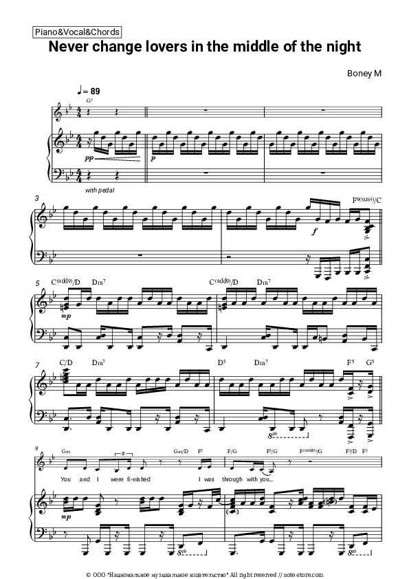 Never change lovers in the middle of the night - Boney M Piano Sheet Music with the Vocal and Chords - Piano&Vocal&Chords