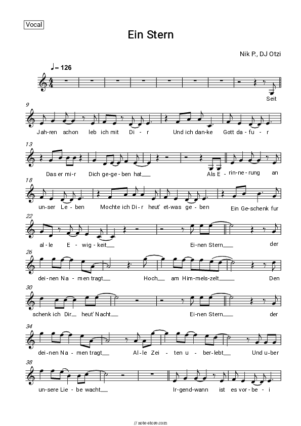 Ein Stern (der deinen Namen tragt) - Nik P., DJ Ötzi Vocal Sheet Music - Vocal